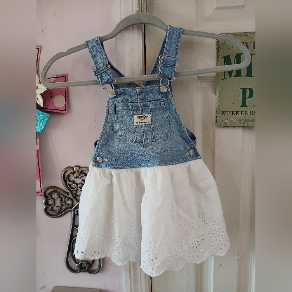OshKosh B'gosh Toddler Girl Blue Denim White Eyelet Trim Jumper Dress Size 18